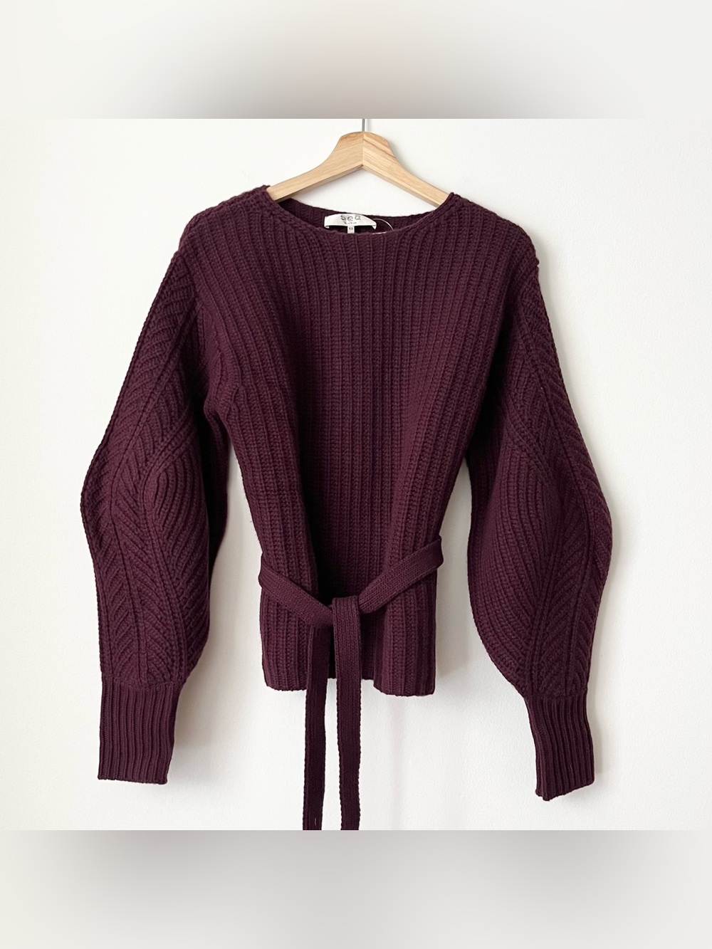 Sea New York Women's Burgundy Chunky Knit Sweater Balloon Sleeve Waist Tie XS
